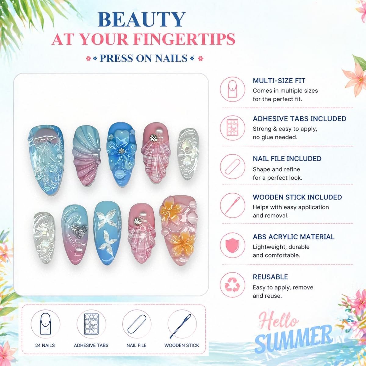 30Pcs Summer Beach Press On Nails Medium Almond Shaped Fake Nails with Jellyf…