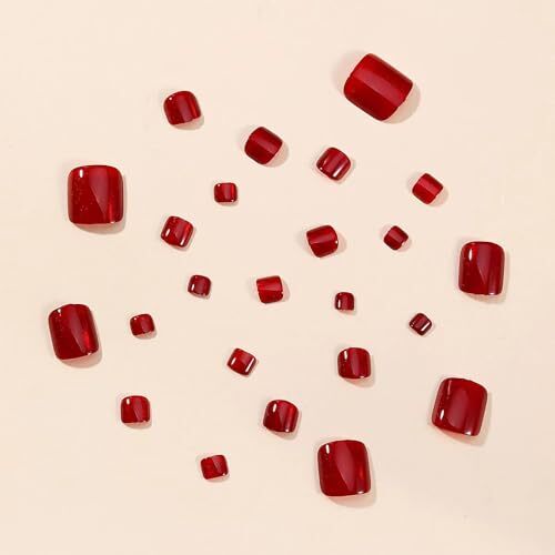 24 Pcs Red Press on Toenails Square Short Fake Toe Nails Full Cover Style 6