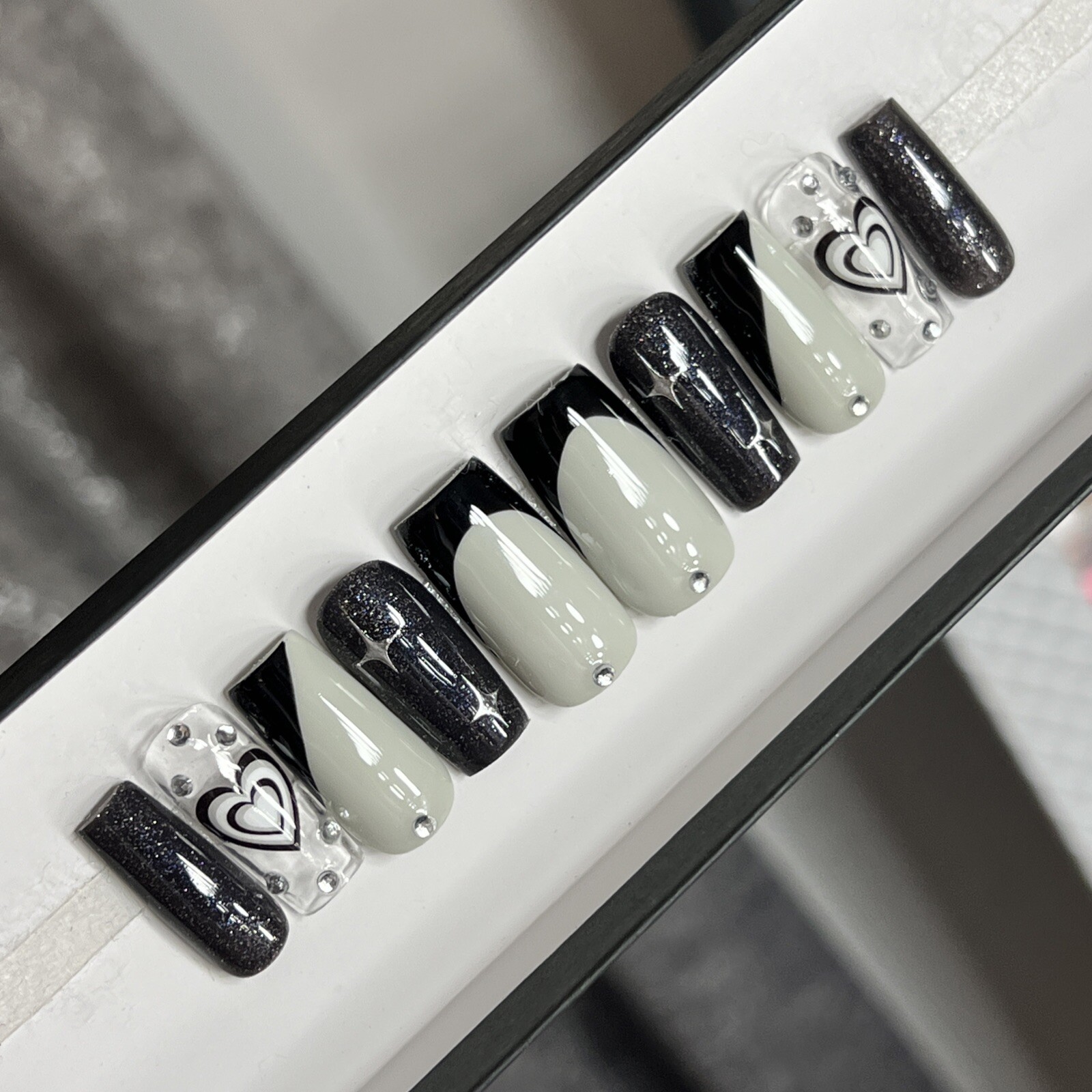 🤍 CUSTOM Hard Gel Press On Nails Black GREY HEART Bling 10p FULL SET SQUARE