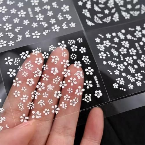 SPLOCUDU 3D White Flower Nail Art Stickers with Rhinestones – 3D Nail Decals