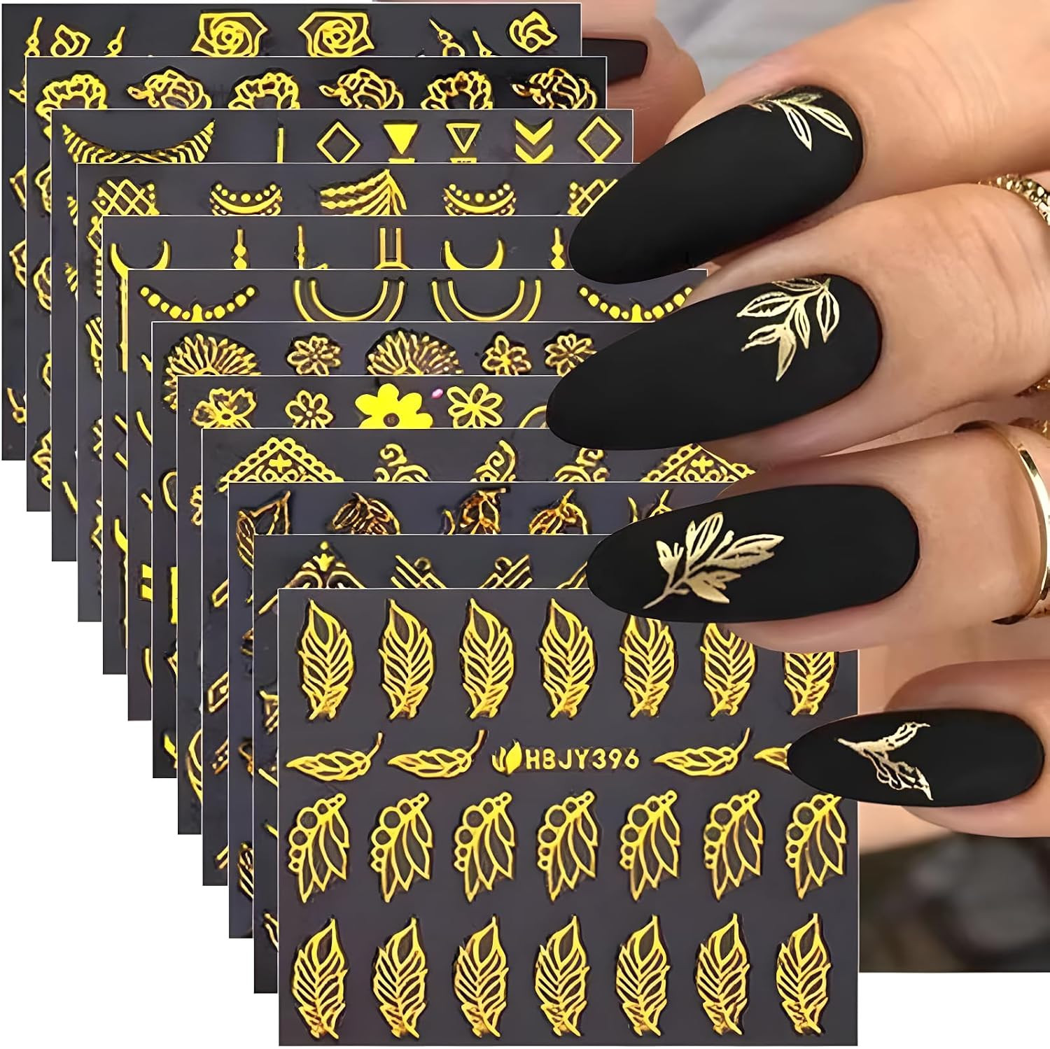 12 Sheets Gold Flower Nail Art Stickers 3D Self Adhesive Gold Leaf Lace Nail Dec