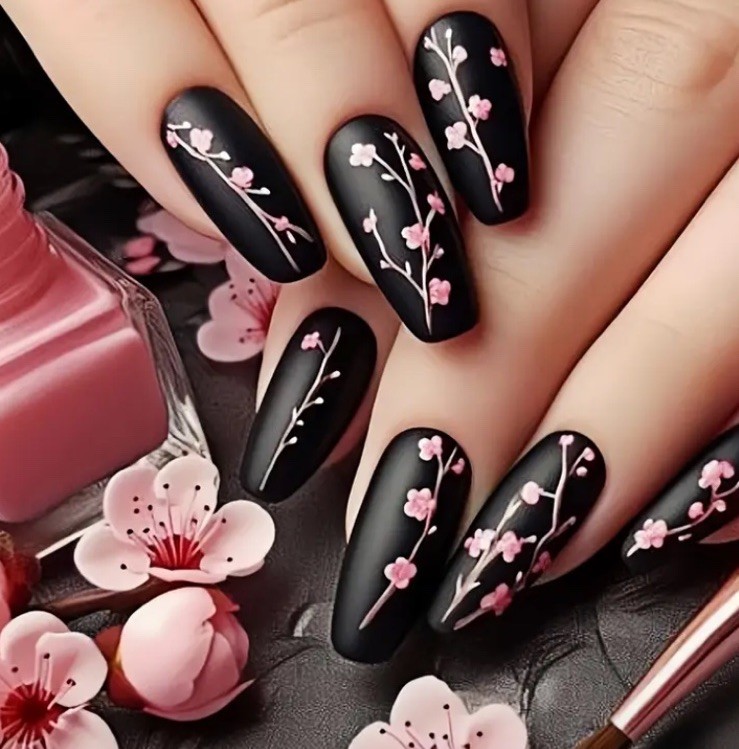 Medium 24 Pc Black & Pink Cherry Blossom Nail Tips Boxed Glue & Tabs Nails
