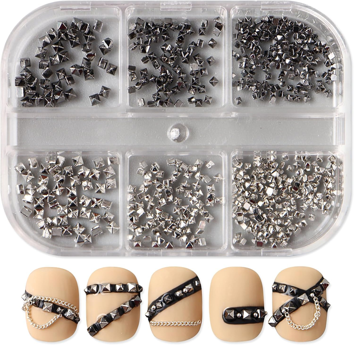 Square Spire Nail Charms, 3D Mini Metal Nail Art Studs Rivets, Black Silver Punk