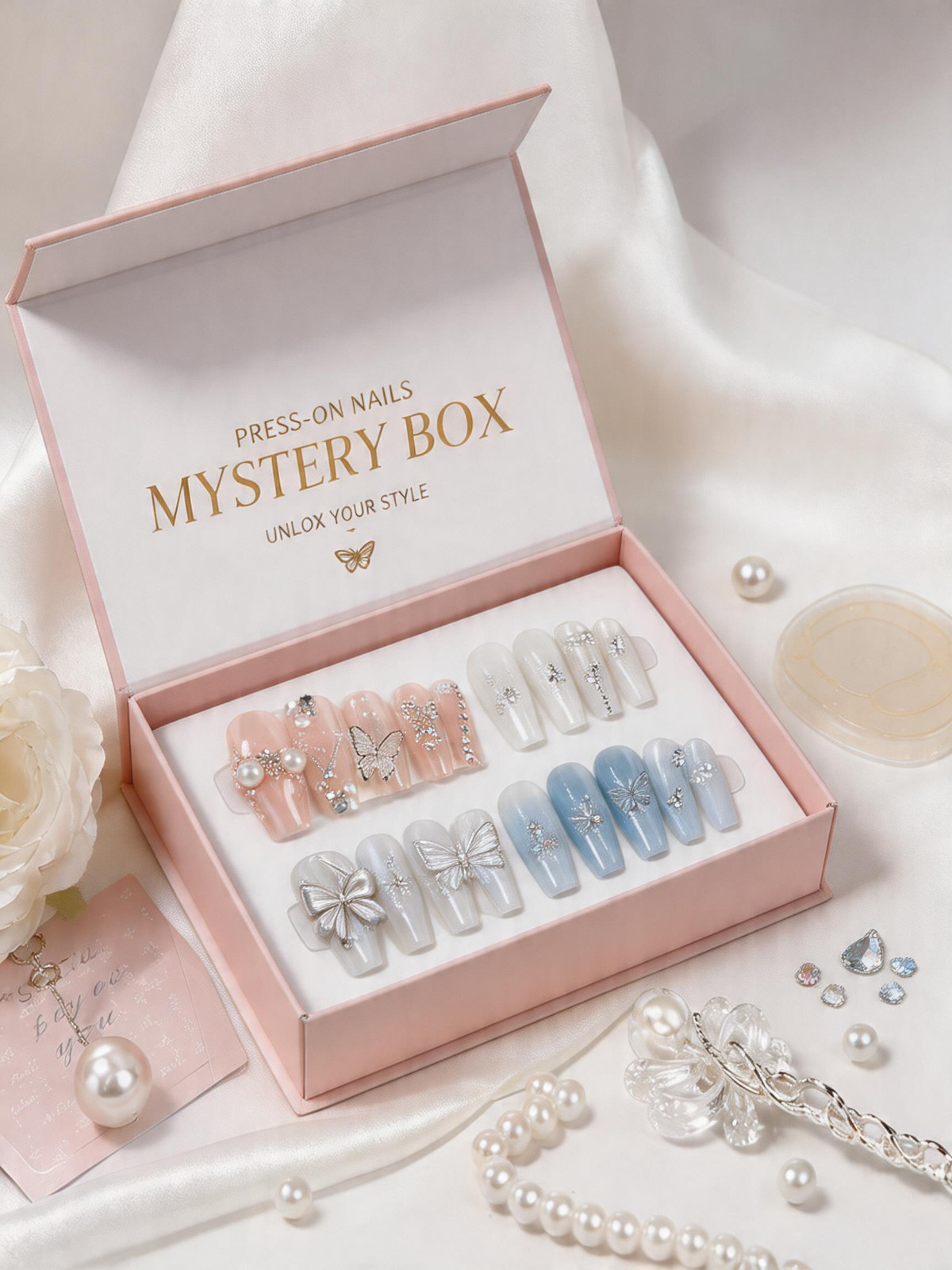 Press-On Nails Mystery Box Nude Pink Butterfly Pearl Rhinestone Surprise Women