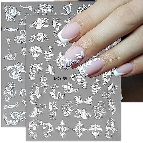 6 Sheets 5D Embossed Lace Flower Nail Stickers,Hollowed Out White Flowers