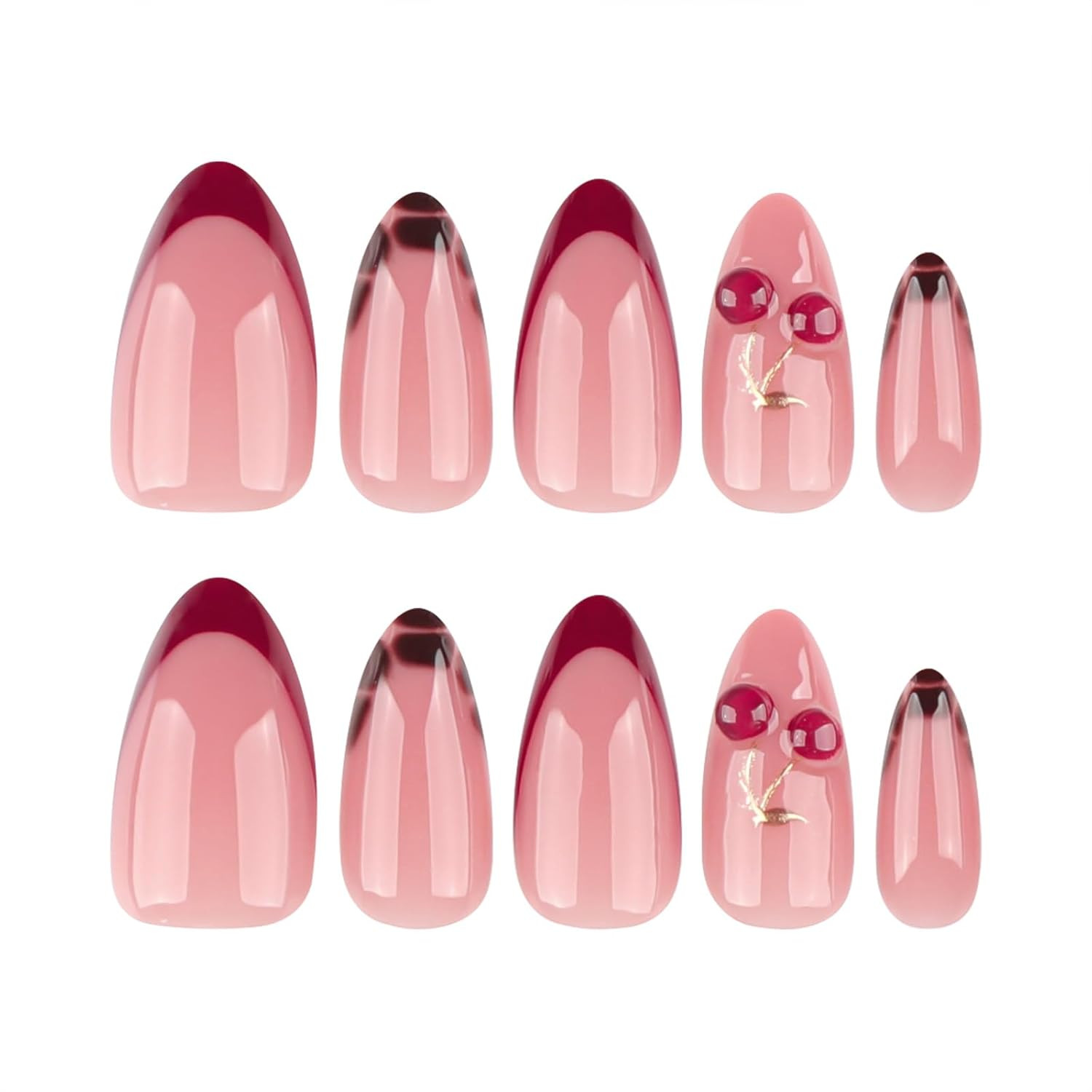 Medium Almond Press-On Nails – 3D Cherry, Gold Branch & Leopard Design, 24PCS