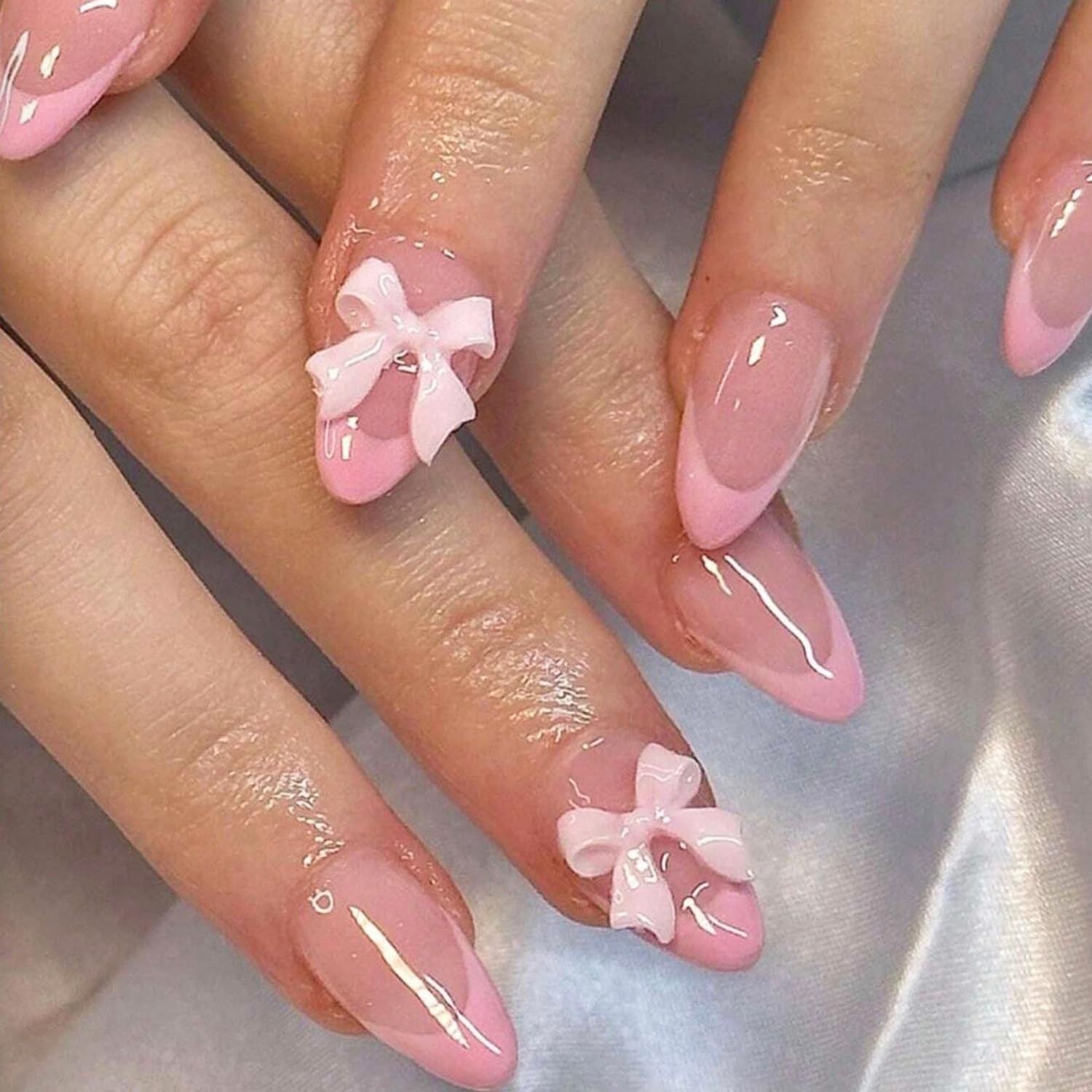 24pcs French Tip Press on Nails Short Almond 0.13 Fl Oz (Pack of 24), Pink