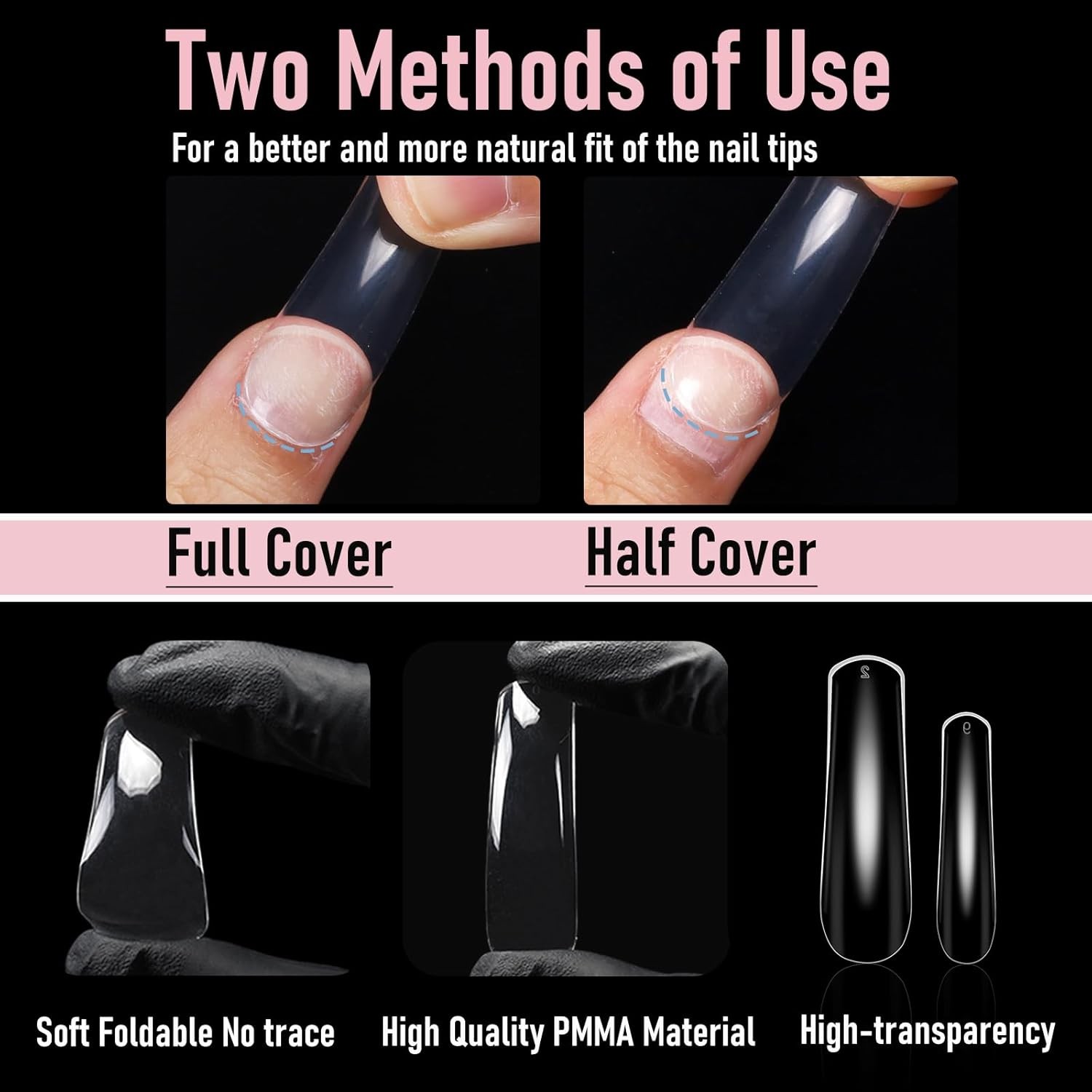 Curved Square Nail Tips Press on Full Cover Nails, Extra Long, Clear