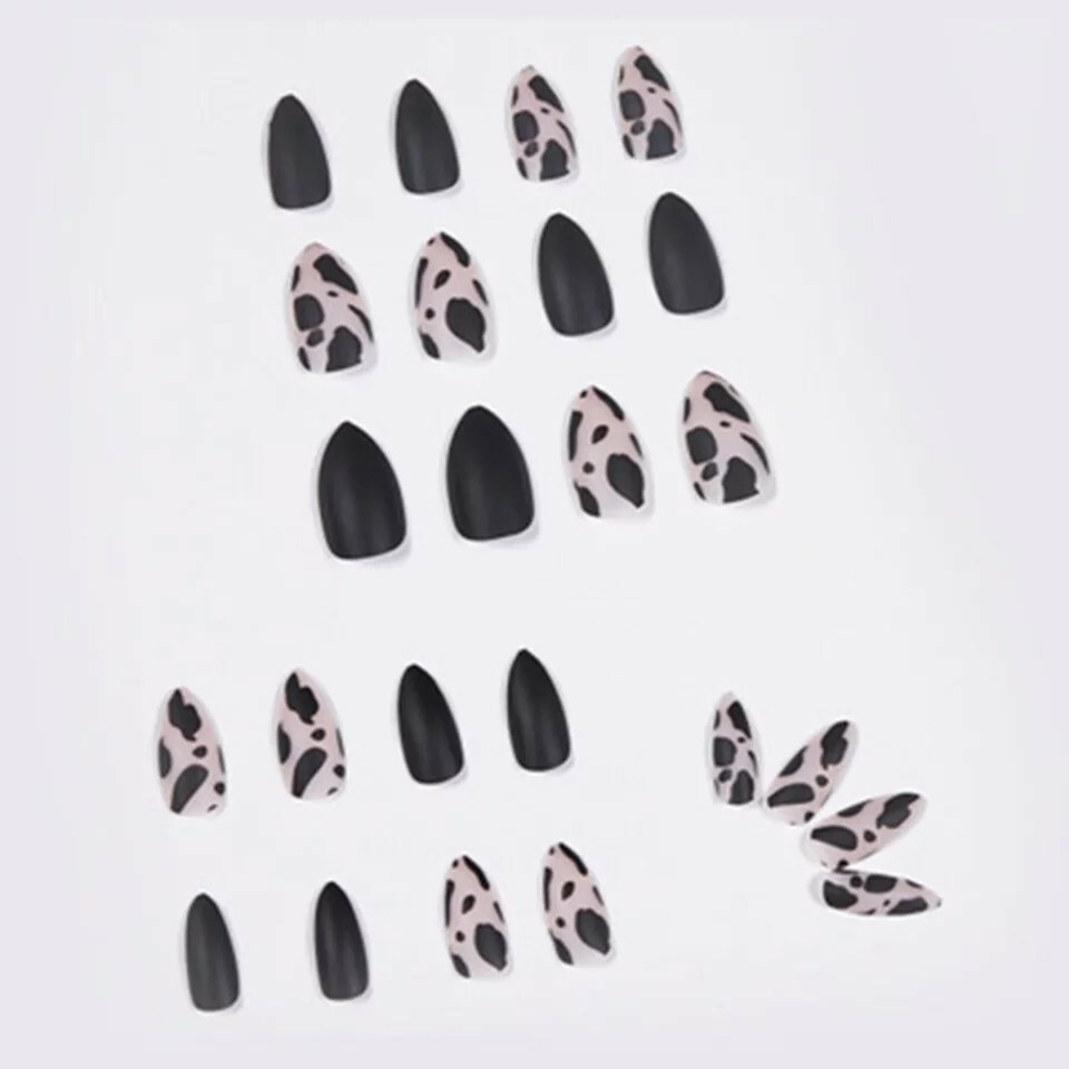 Cow Print Nails Matte Black Stiletto Long Frosted Glass effect press on nails