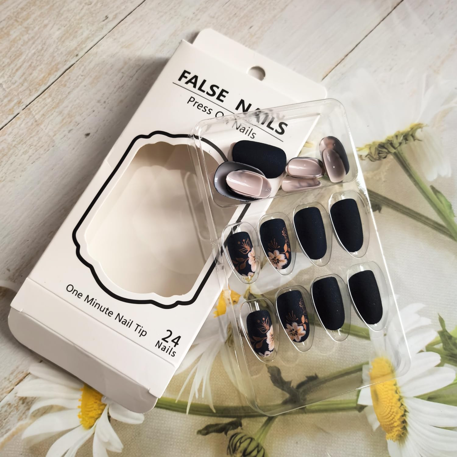 Short Press on Nails Almond Fake Nails with Flower Leaves Design Matte Black Nud