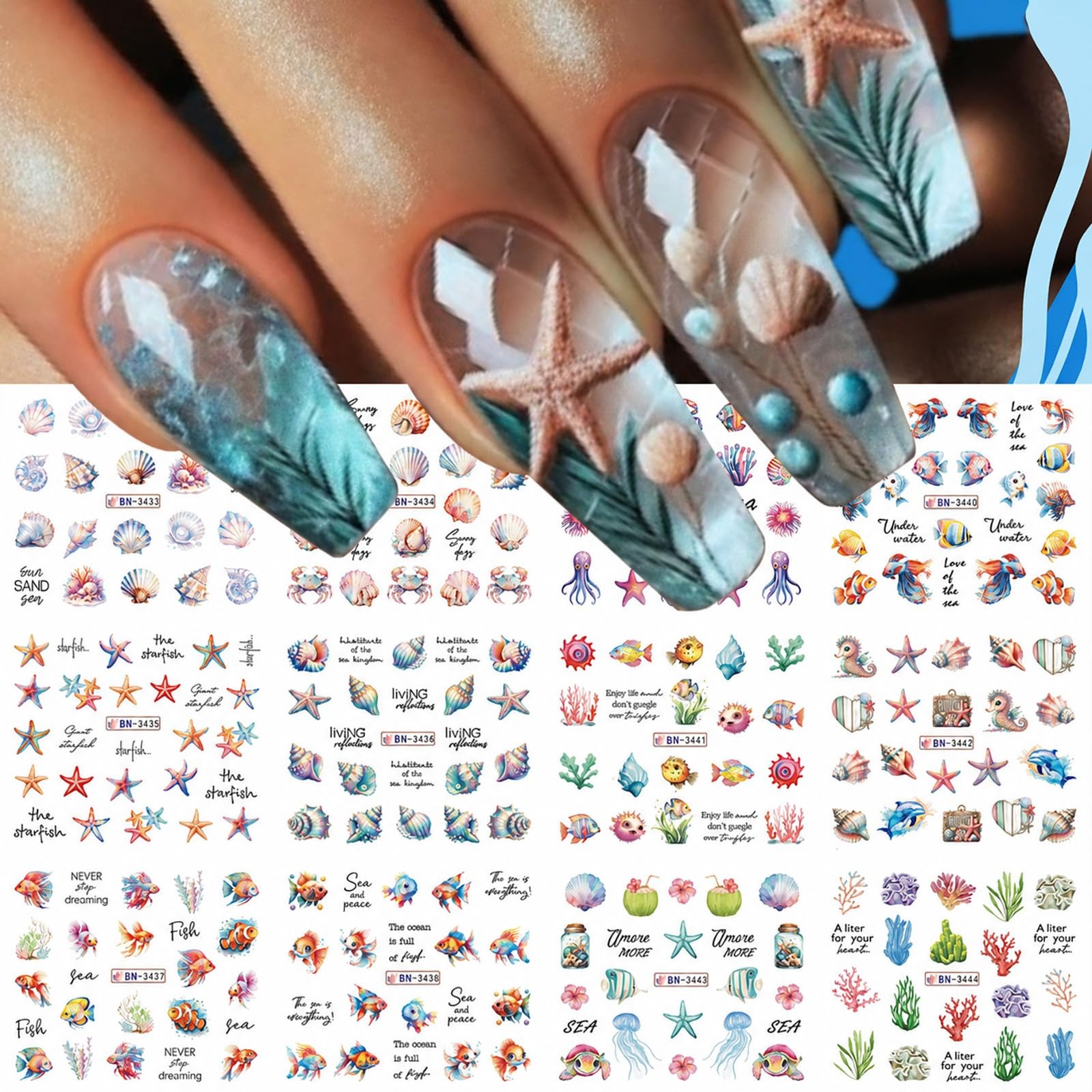 Summer Ocean Water Transfer Nail Stickers, Sea Life Nail Decals with Shell St…