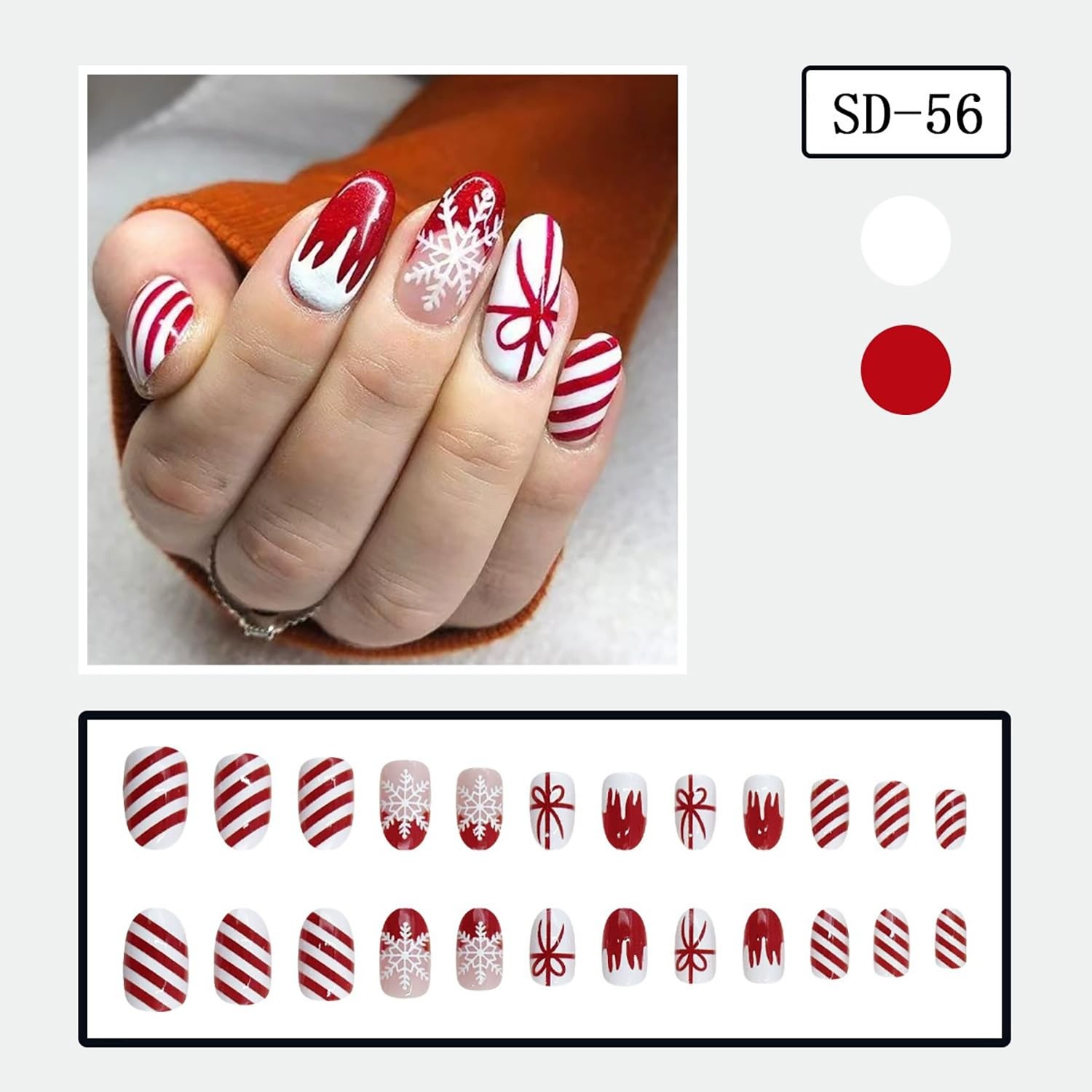 Christmas Press on Nails Short Oval Fake Nails with Bow Snowflake Stripe Desi…