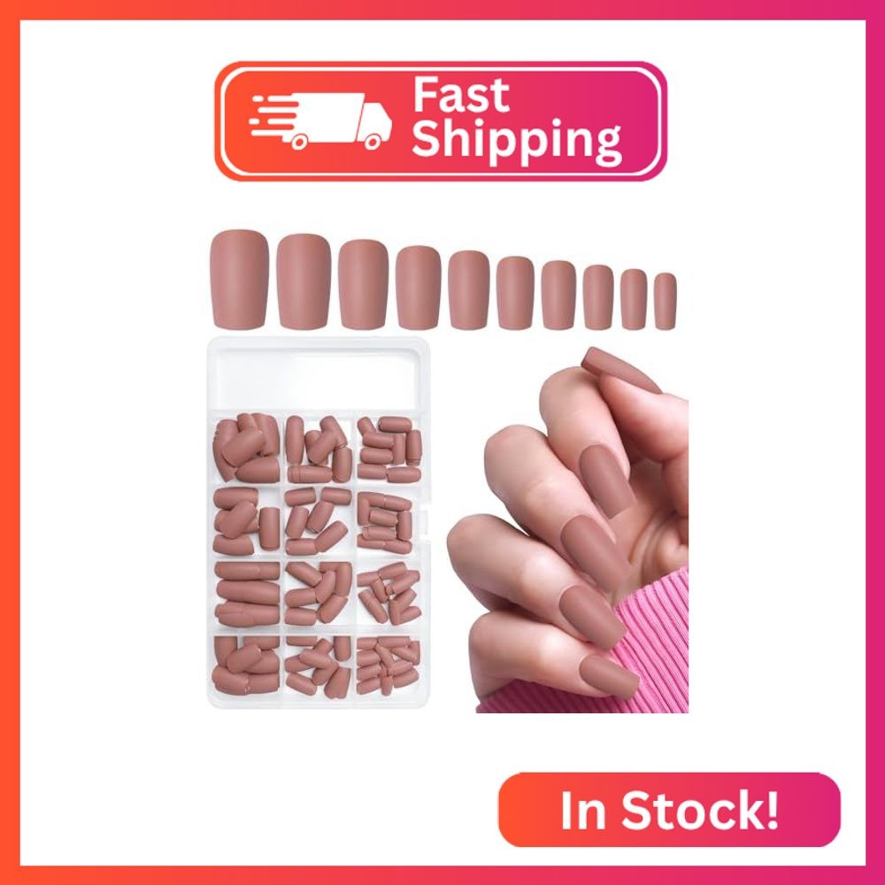 LuckForever 240pc Matte Square Press on Nails Medium Glue on Nails Brown Fake Na
