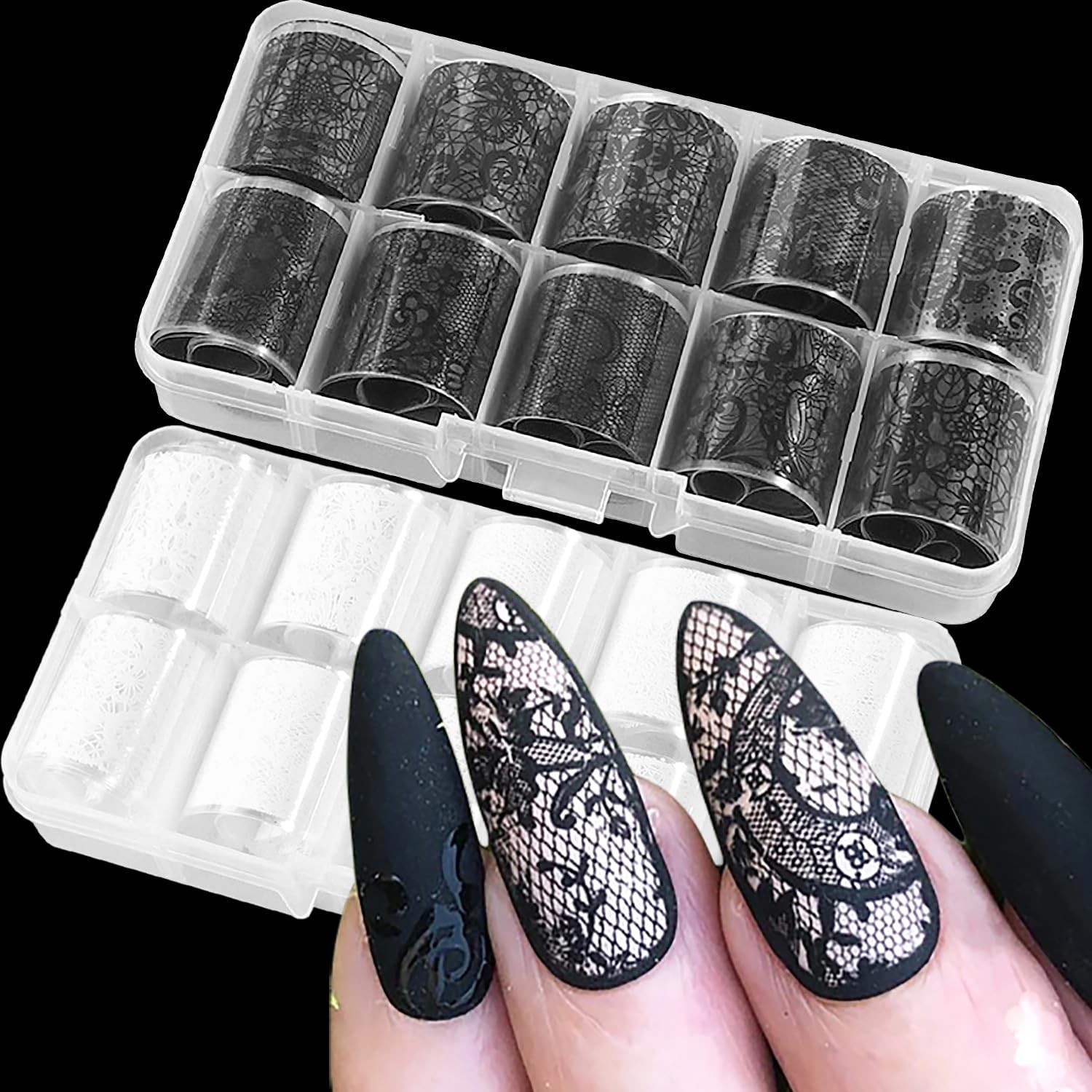 20 Rolls Lace Nail Foil White and Black Nail Transfer Foil Flower Nail Art Fo…