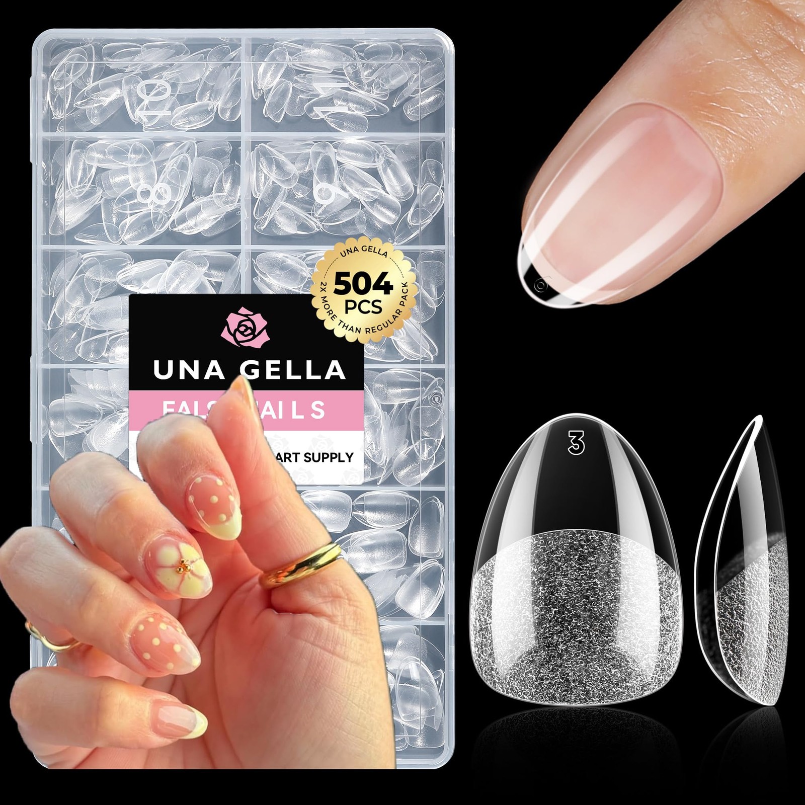 UNA GELLA Extra Short Almond Nail Tips Full Cover 504 Count (Pack of 1)