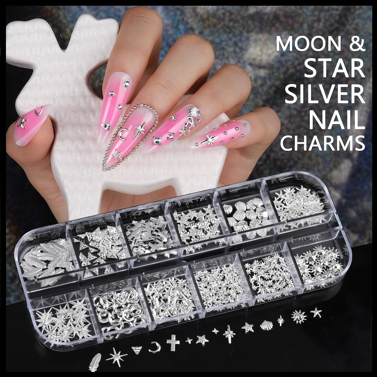 Teenitor Silver Nail Charms & Gems Kit: Y2K, Rhinestones, Stickers, Pearls