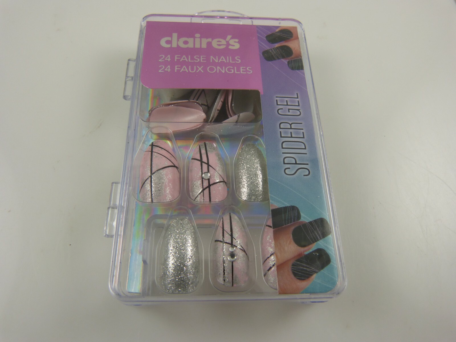 Claire’s faux nails glitter pink silver with glue elegant great for holidays