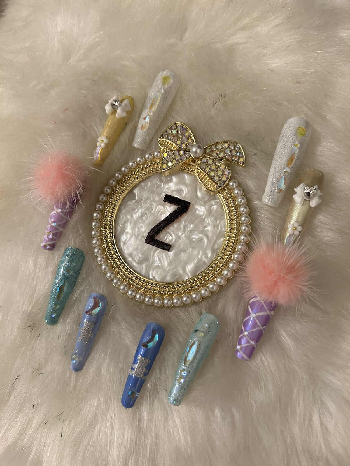 Z NAILZ! Fun Set Of 10 2XL Ballerina Multicolored Pastel W/Bling Press On Nails