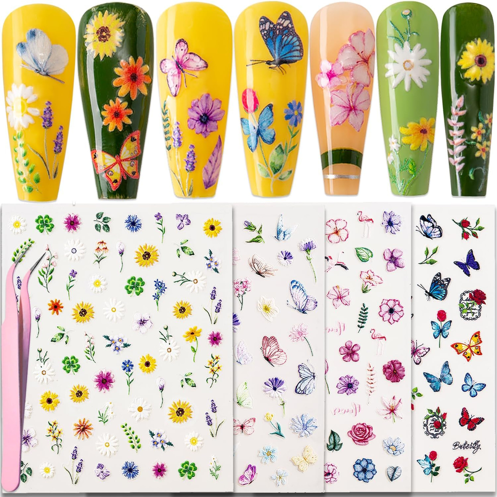 Gel Nail Stickers for Nail Art, 3D Embossed Summer Flower and Butterfly Decals