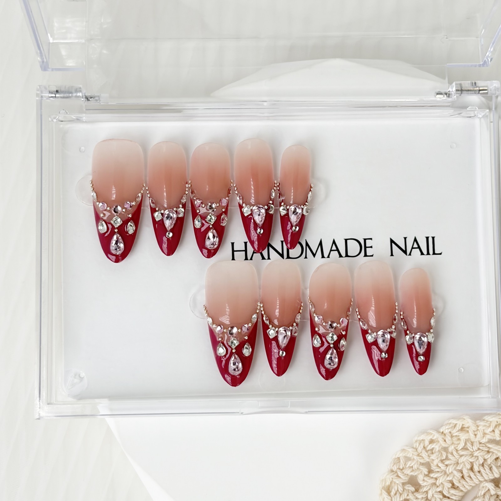 Red Brown Ombre Press-On Nails with Rhinestone Band Luxury Handmade Almond Nails