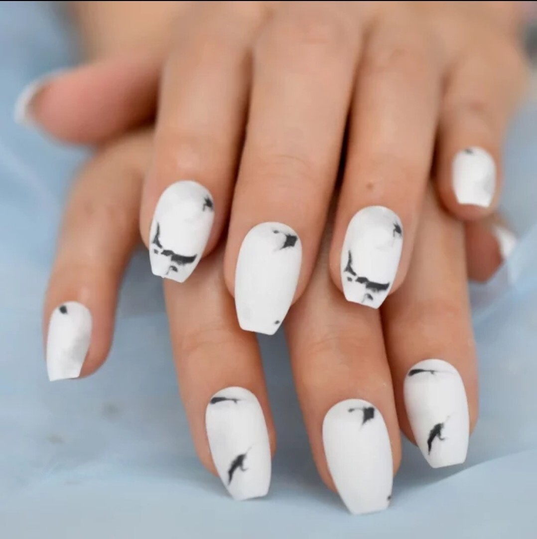 24 Matte White Marble Press on nails kit glue Classy black stone medium coffin