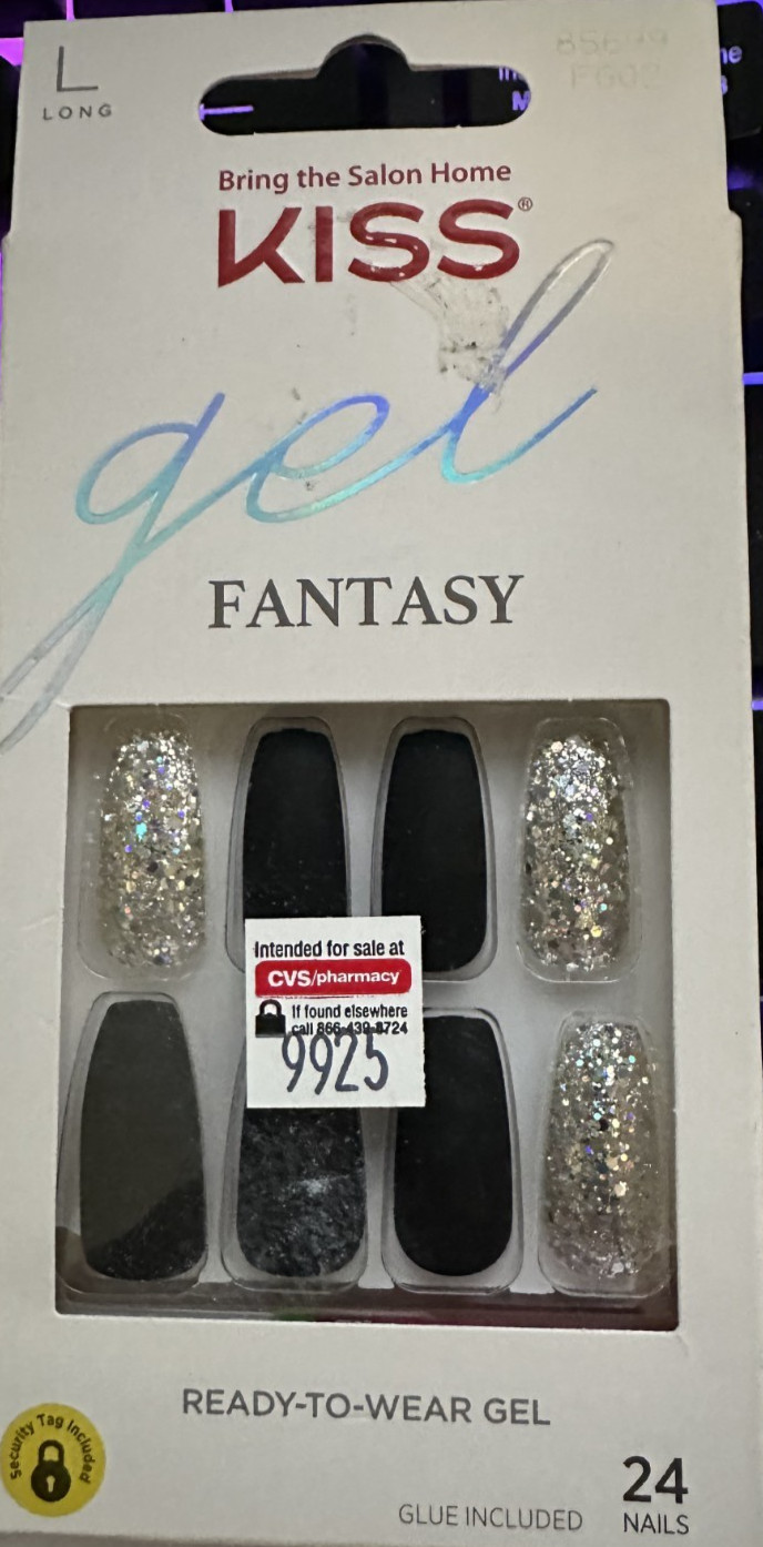 Kiss Nails Glam Fantasy Glue/Press on Long Black Matte Silver Glitter