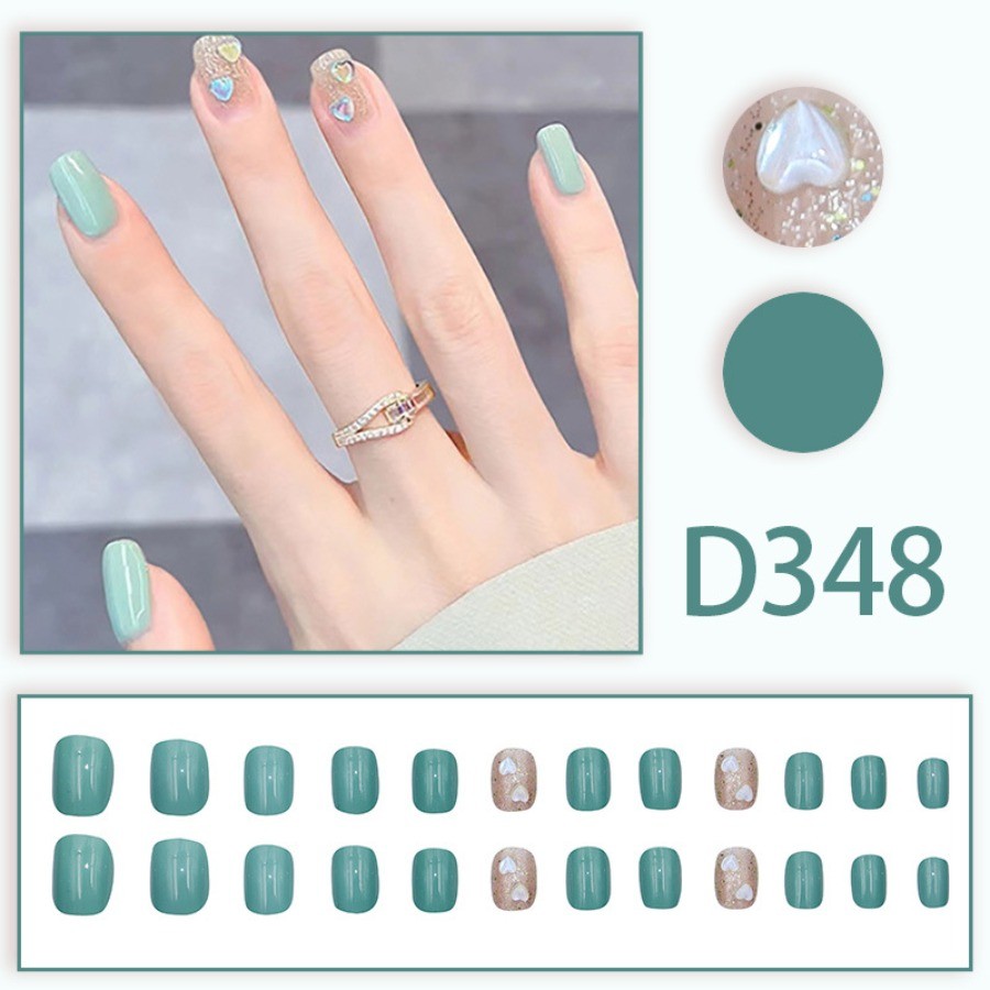 48Pcs Short Square Press on Nails, Mint Green Nails with Heart Rhinestone Decor