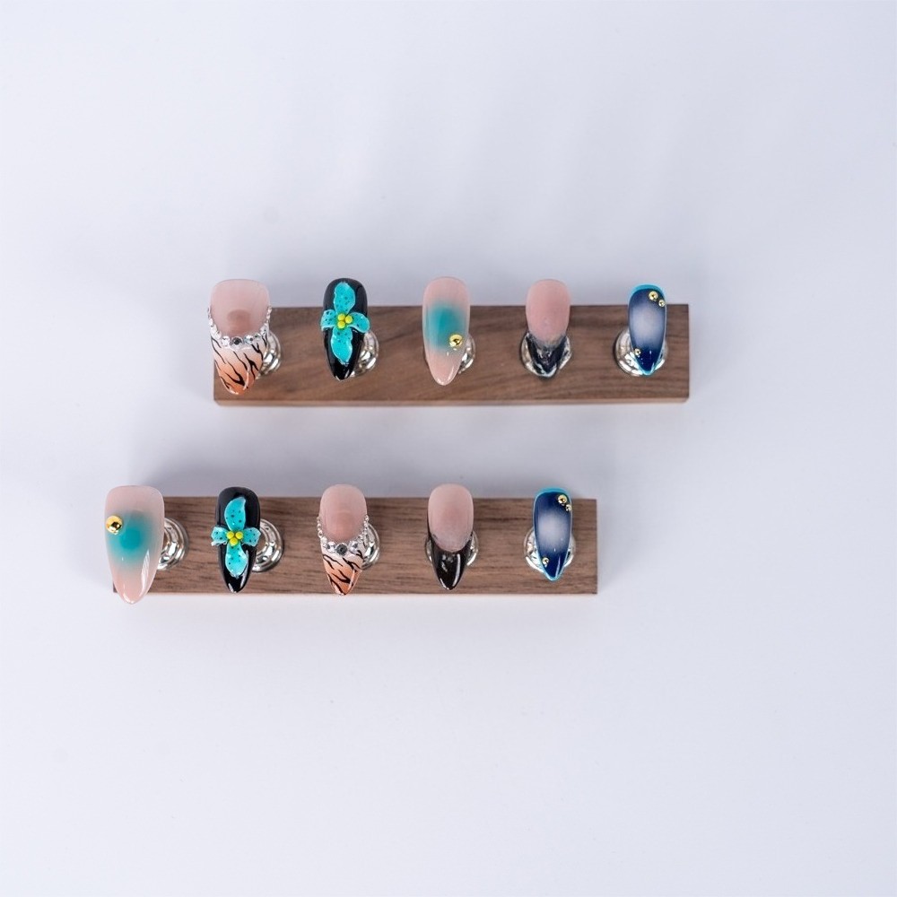 10pcs Handcrafted Blue Ombre Press On Nails Medium Almond Reusable Nails Gift