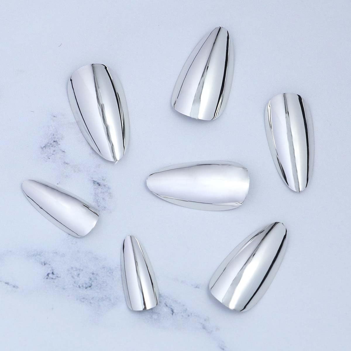 Silver Chrome Press on Nails Almond Fake with Medium Medium,