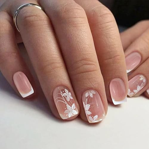 French Tip Fake Nails Square Short Press on Nails with Designs 0F-White Flower