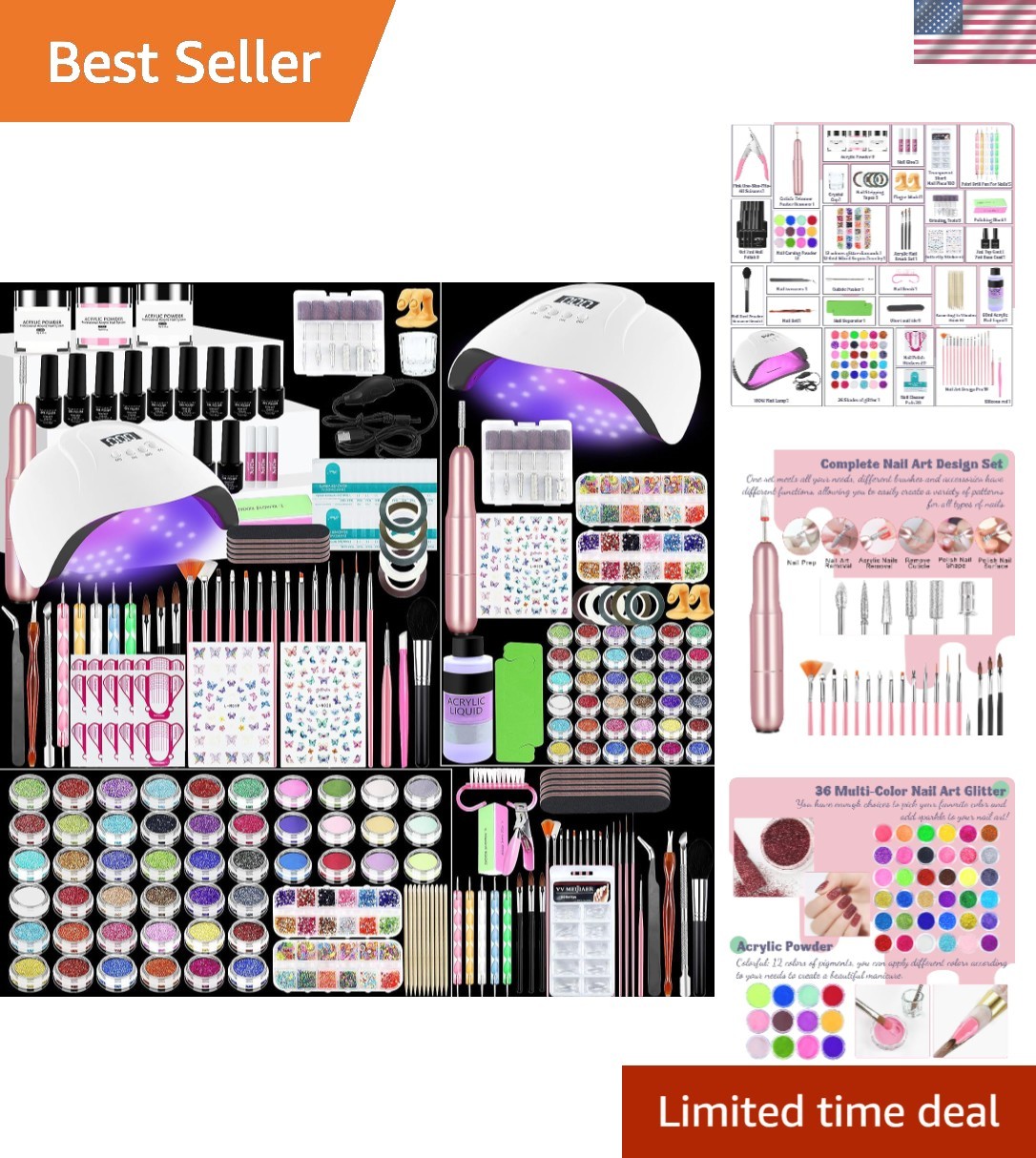 All-In-One Acrylic Nail Kit with 60 Colors, Drill & UV Light for Nail Art Lovers