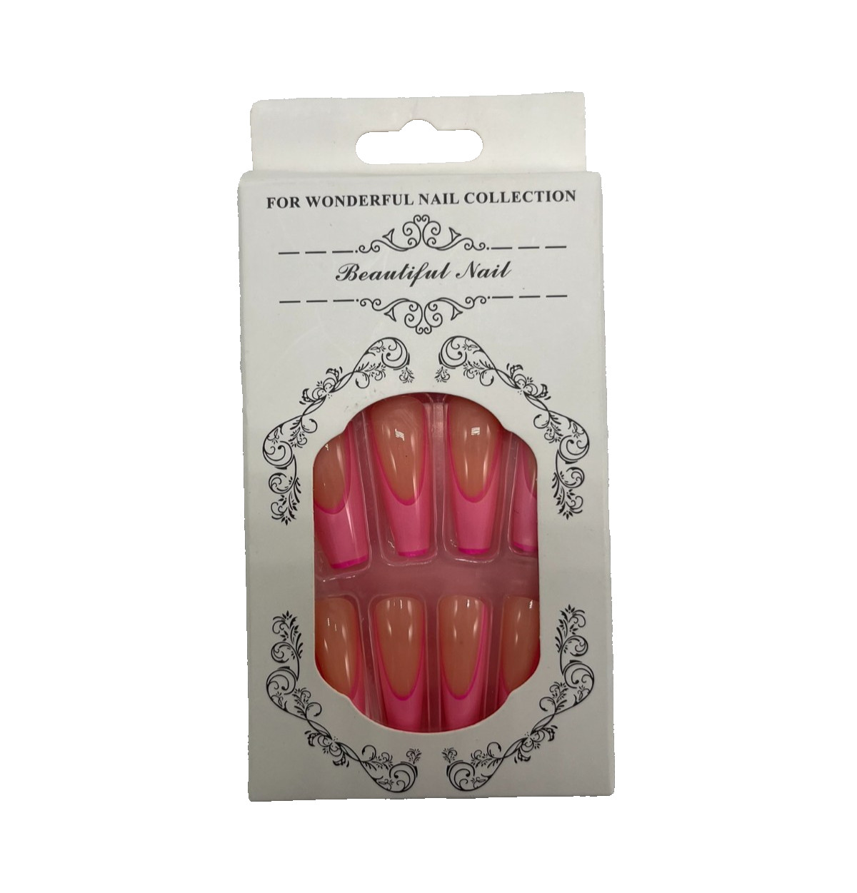 Press On Nails Coffin Long Ballerina Pink French Tip Nude Acrylic Glue On 24 PCS