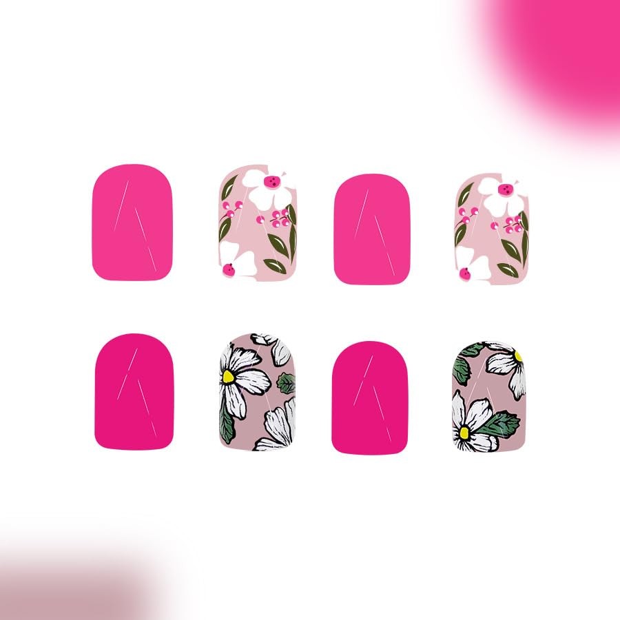 2 Packs 48Pcs Flowers Press on Nails Short Square Fake Nails Pink Floral Fals…