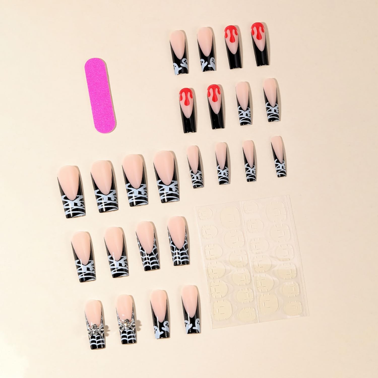 Halloween Press on Nails Long Coffin Fake Nails French Tip Black Acrylic Nail…