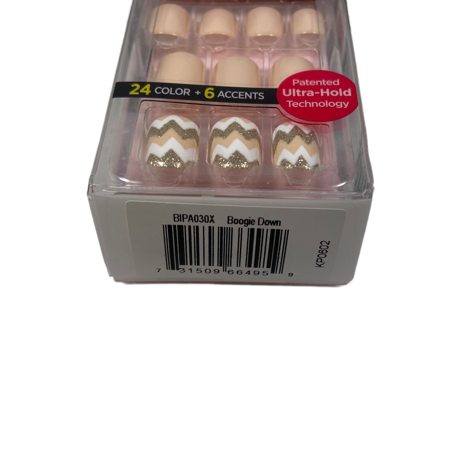 NEW Kiss Nails Impress Press On Manicure Short Gel Beige Nude White Gold Zig Zag