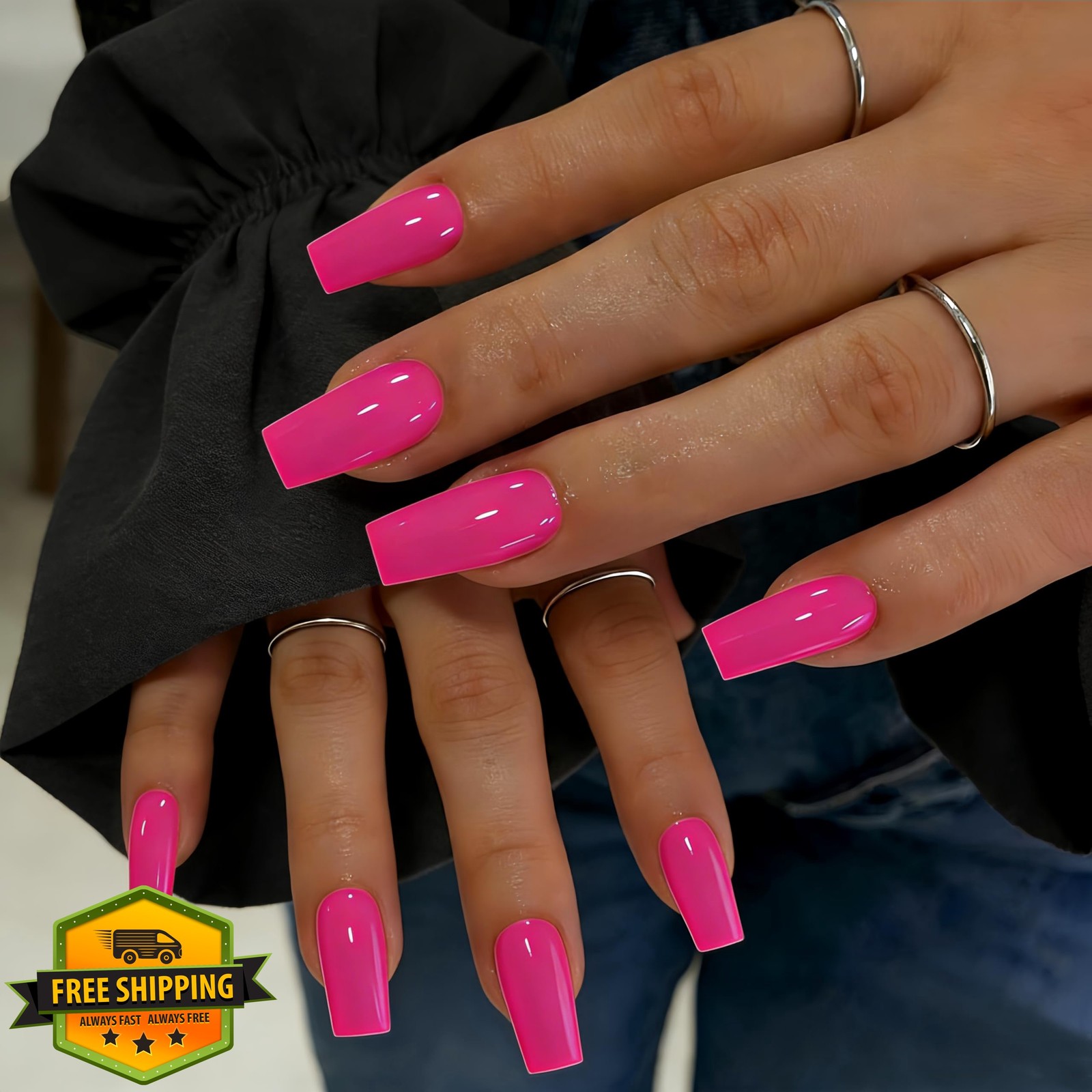 SXVME Long Square Press On Nails Hot Pink 24 Pcs