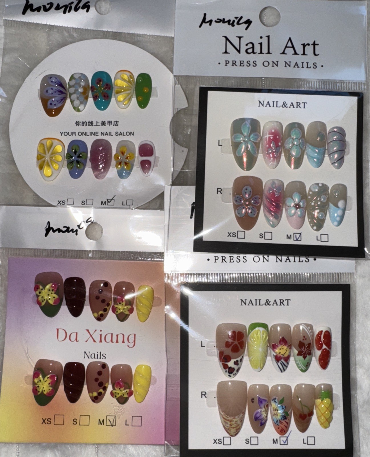 4 Packs Of 10pcs Almond Press On nails | 3D Unique Designs| Size M | Reusable 13