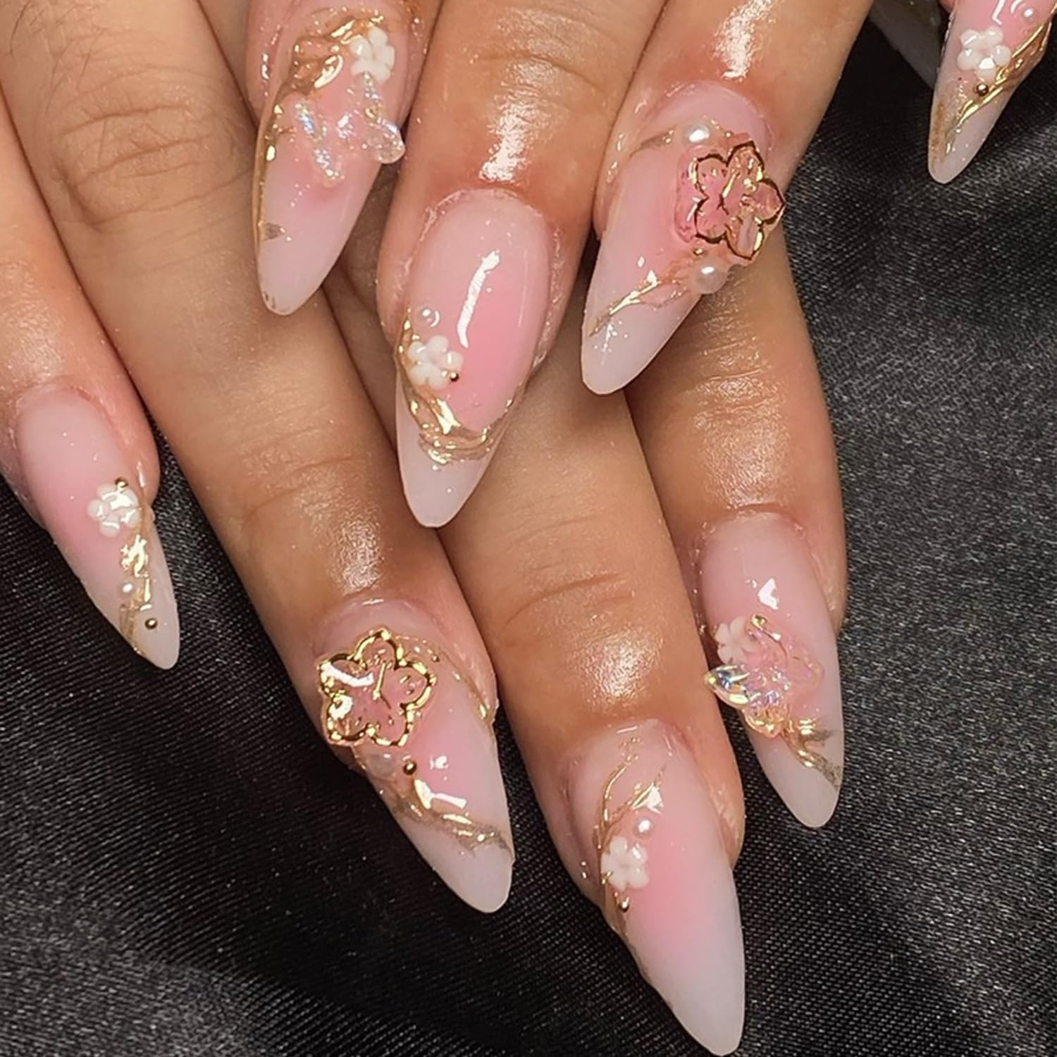 24Pcs Flower Rhinestones Nails Almond Press on Nails Medium Fake Nails Pink Whit