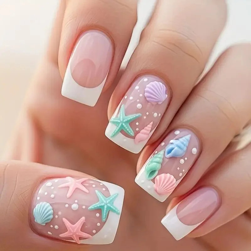 24pcs Short Square Press on Nails Love Stripe French Acrylic Full Cover False