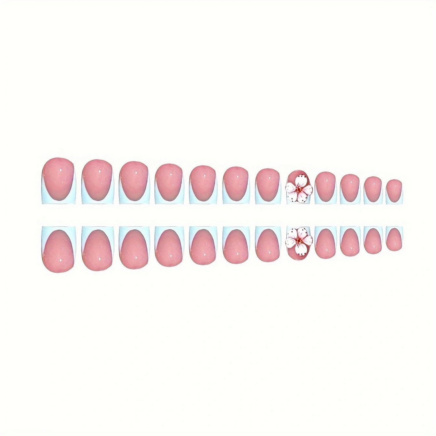 24 Pcs Floral Press on Nails Blue French Tip Fake Nails Extra Short Style 18