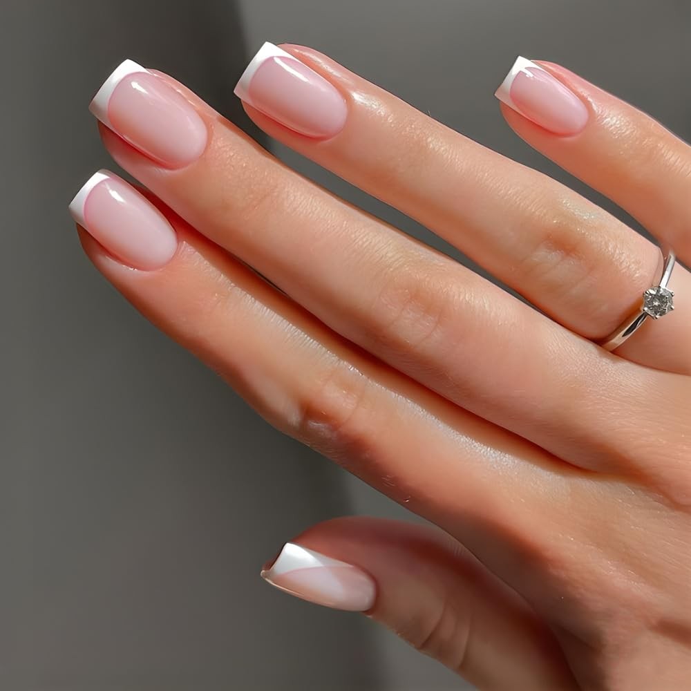 White French Tip Press on Nails – Short Square Light Pink Fake Nails, Glossy …
