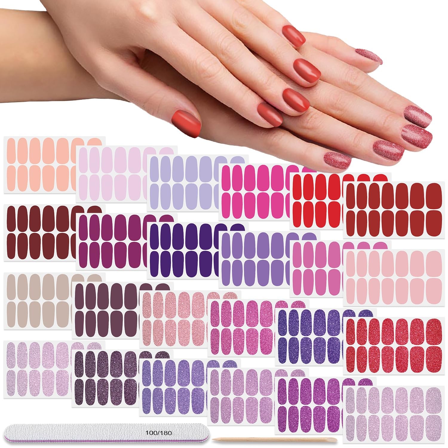 24 Sheets Solid Color Nail Polish Strips Glitter Nail Wraps Gel Nail Strips S…