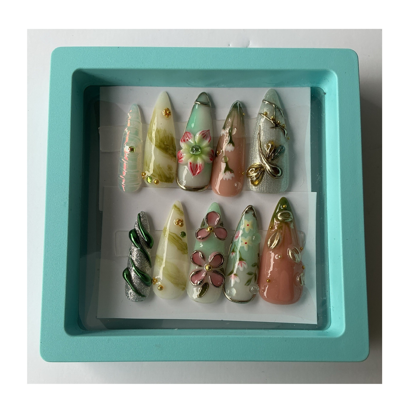Monibier 3D Flower Design Green Pink White Gold Long Almond Full Cover Nails
