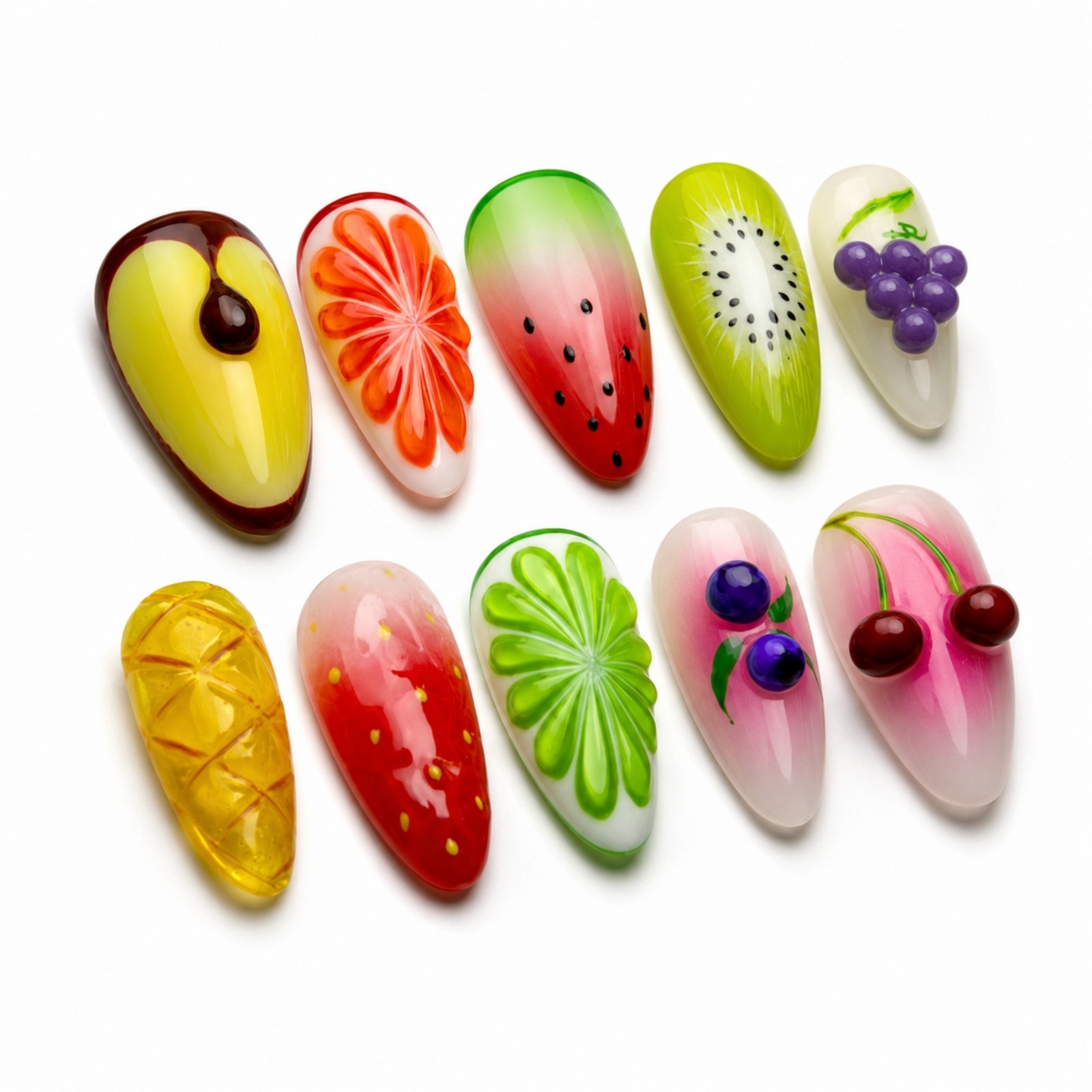 Handmade 3D Fruit Press On Nails Glossy Summer Nail Art Set