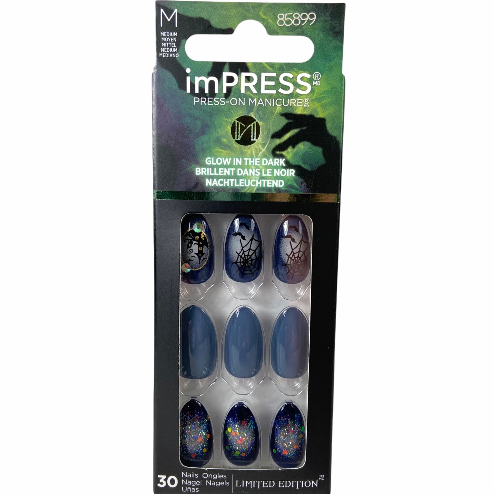 NEW Kiss Nails Impress Press On Manicure Medium Almond Gray Blue Black Halloween