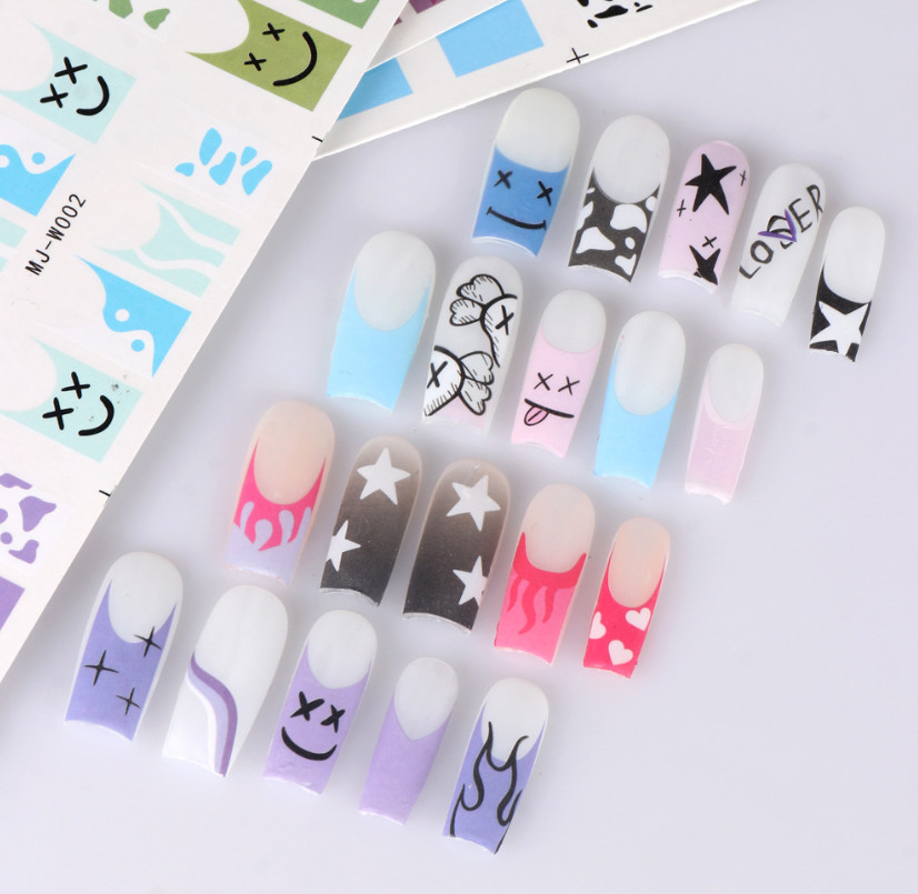 8Sheets Nail Art Water Transfer Stickers Geometric Star French Tips Decals NH19