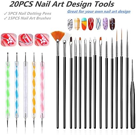 20PCS Nail Art Design Tools, 15PCS Painting Brushes Set (Black) with 5PCS Dottin