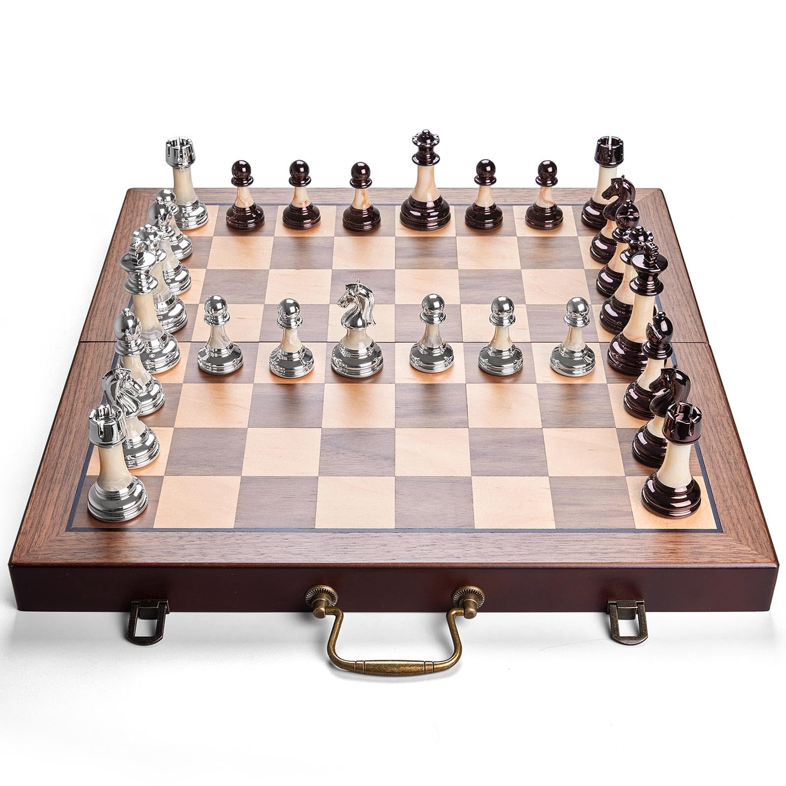 Deluxe Chess Set 16.5” Wooden Large Folding 16.54*16.54*1.5 inches, Brown