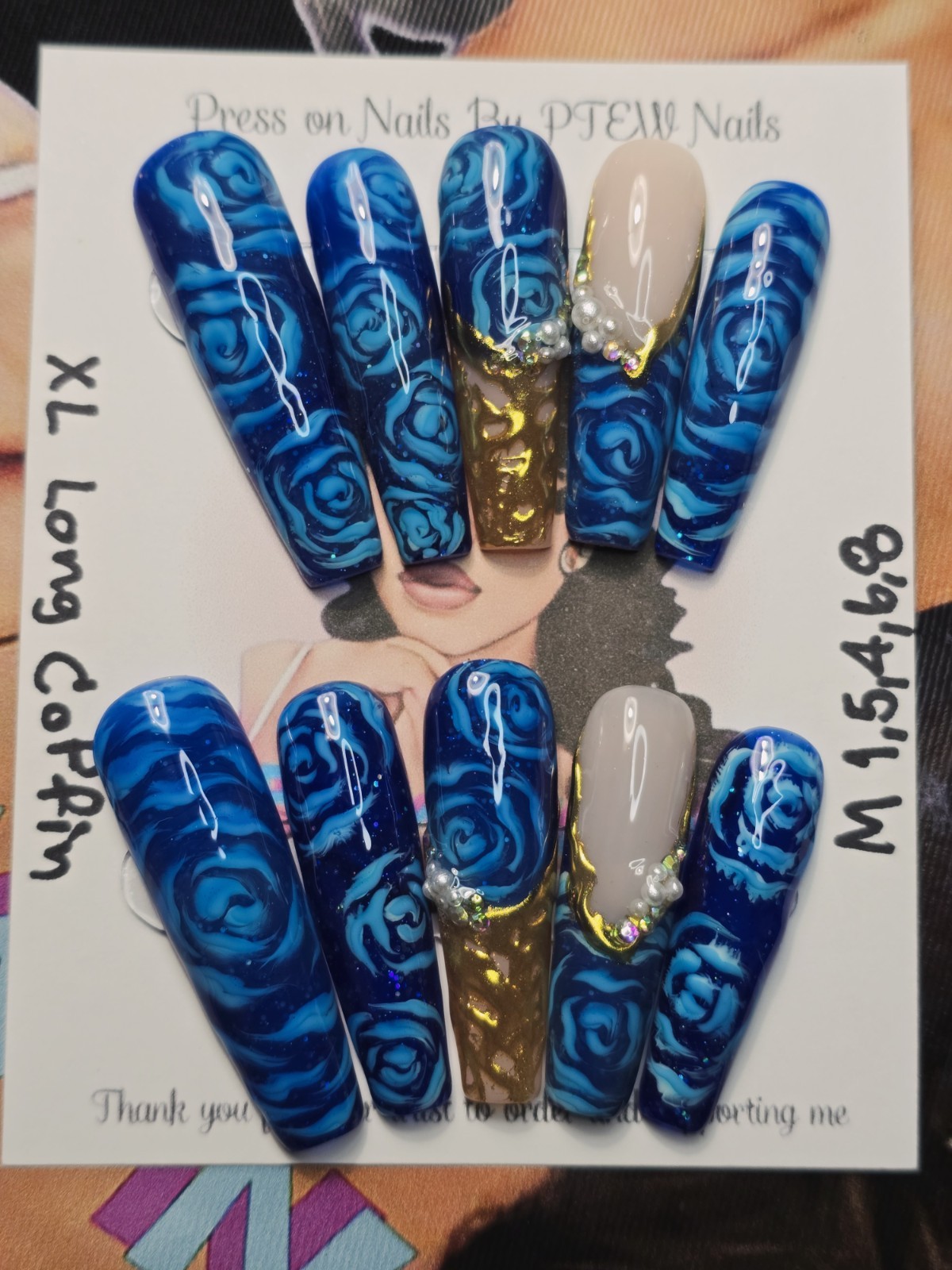 Handmade Gel Press On Nails,V Rose Nails,Medium Size 1,5,4,6,8 XL Long Coffin