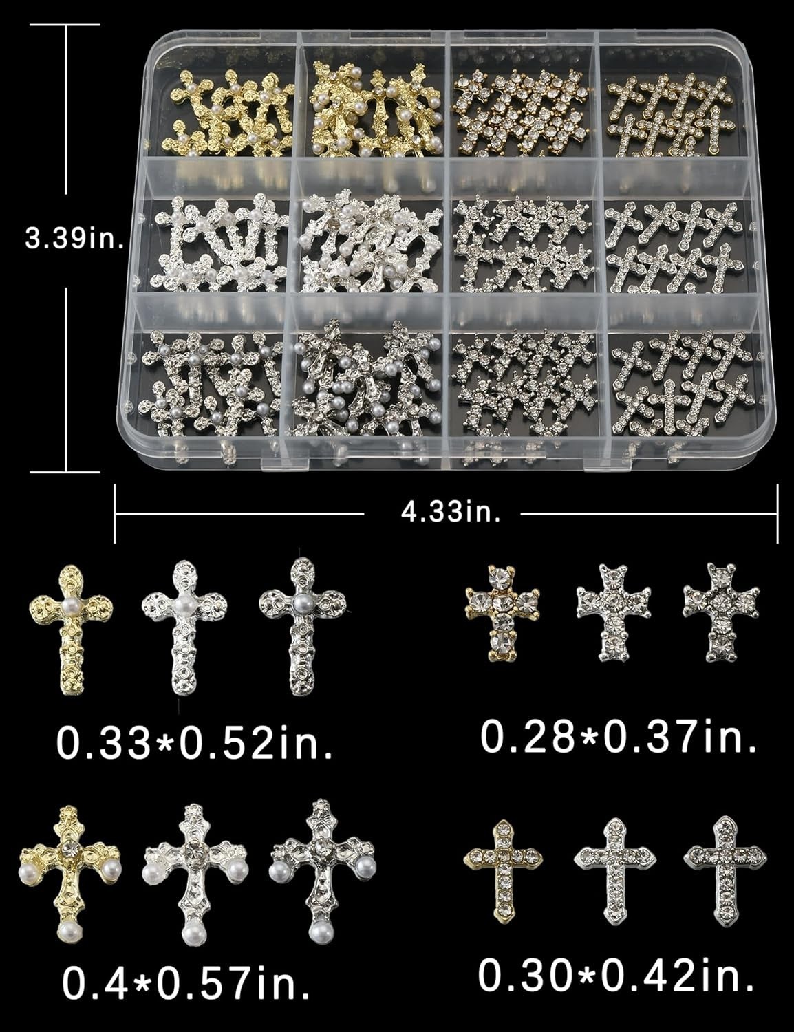 120 Pcs 3D Cross Nail Charms 12 Grids Metal Nail Art Charms White Gold Silver…